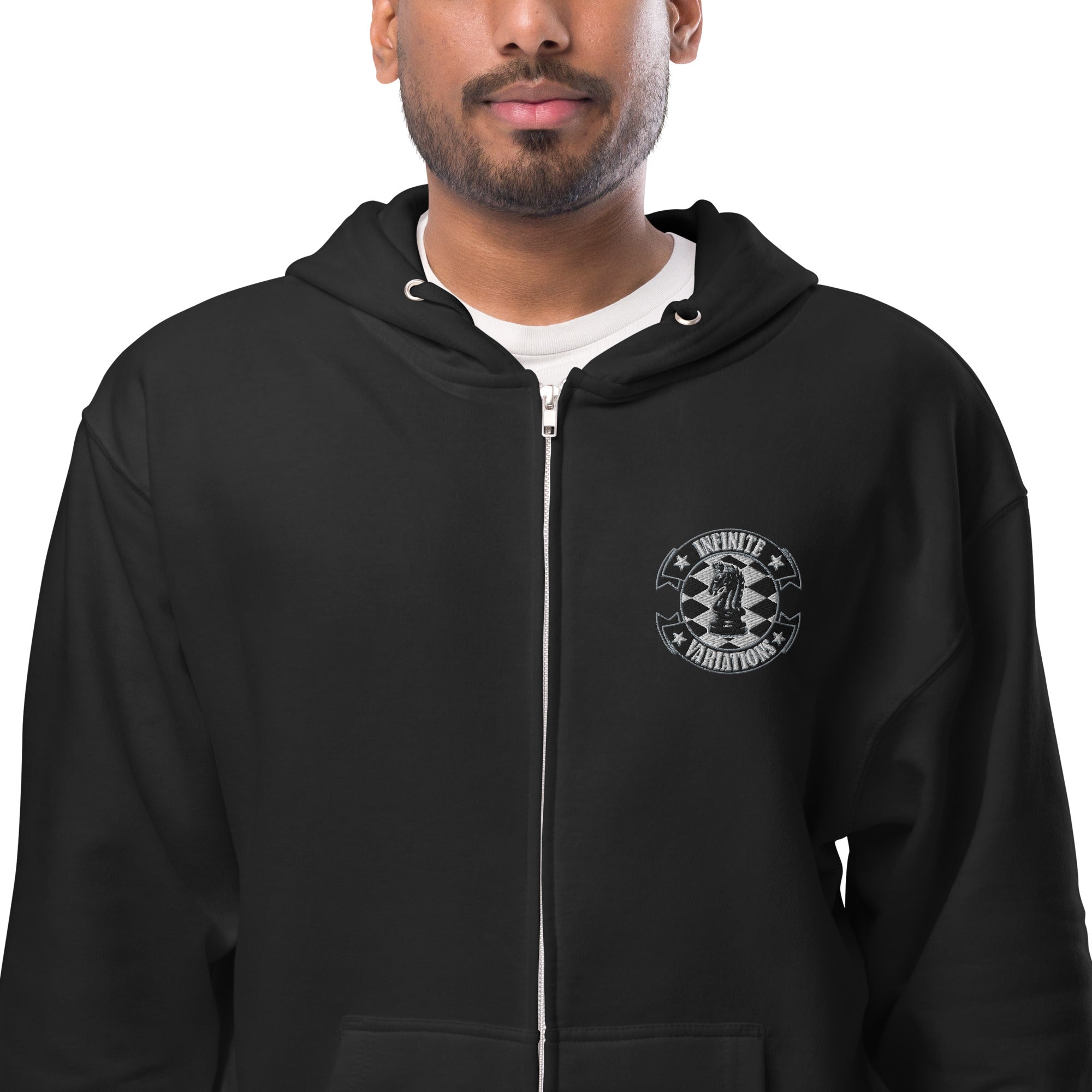 Infinite Variations - Embroidered Logo Front/Octopus Knight Design Back - Unisex fleece zip up hoodie