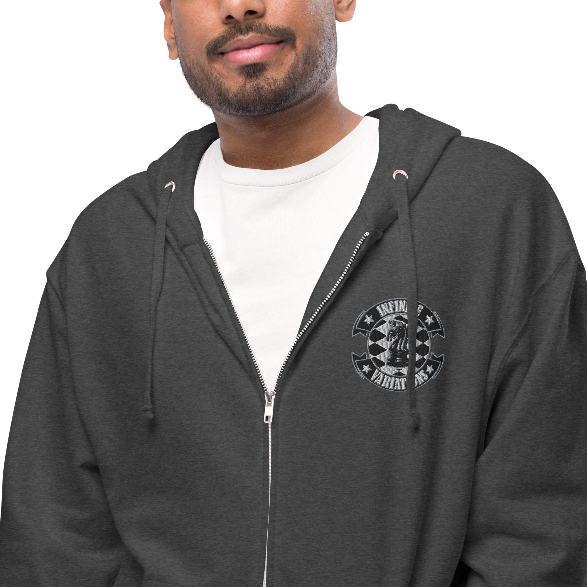 Infinite Variations - Embroidered Logo Front/Octopus Knight Design Back - Unisex fleece zip up hoodie