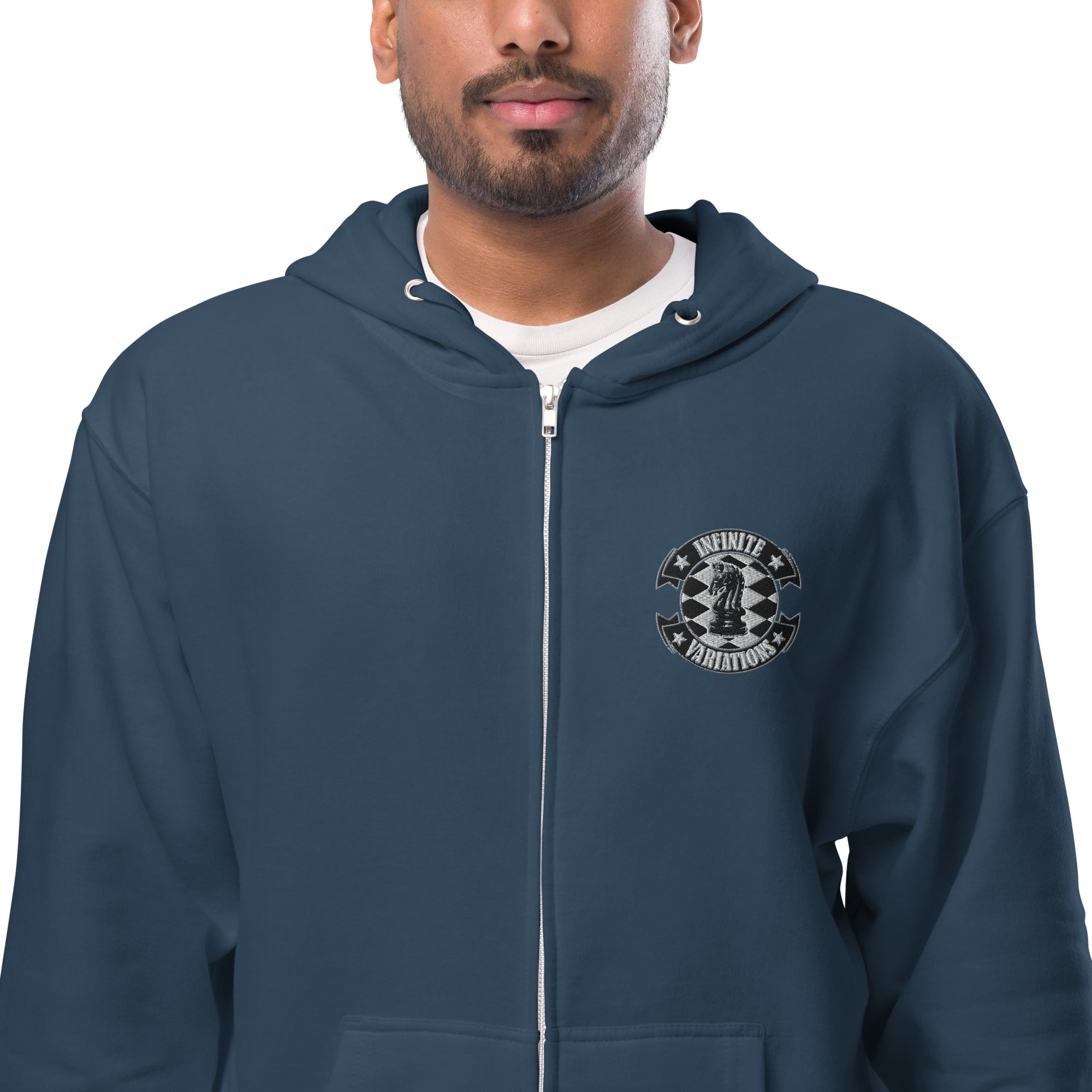 Infinite Variations - Embroidered Logo Front/Octopus Knight Design Back - Unisex fleece zip up hoodie